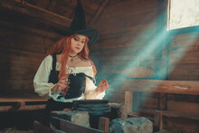 Witch In Cabin Put Spell In Cauldron Halloween Wicca Witches Wood