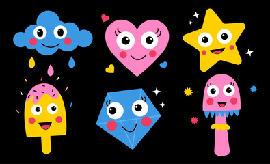Wall Mural - cartoon elements set. cloud, star, ice cream and diamond in retro style. sticker back to 1980s and 1