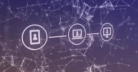 Poster - Animation of icon in circles over connected dots forming geometric shapes on gradient background