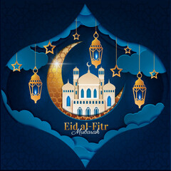 Wall Mural - Eid mubarak poster. Traditional Arabic holiday. Crescent gold moon with golden lamps and oriental buildings, ancient architecture. Islam and religion, culture. Realistic flat vector illustration