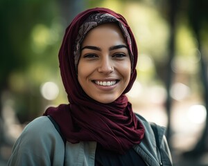 Wall Mural - Smiling young college female student wearing a hijab looking at the camera. generative AI