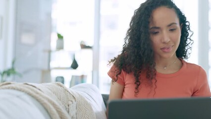 Sticker - Thinking, woman on couch and laptop with inspiration, typing and connection in living room. Female, lady and entrepreneur with ideas, creativity and happiness in lounge, motivation and relax on sofa