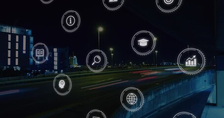 Poster - Animation of falling icon in circles over time-lapse of moving vehicles on street