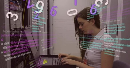 Poster - Animation of data processing over caucasian female it engineer by computer servers