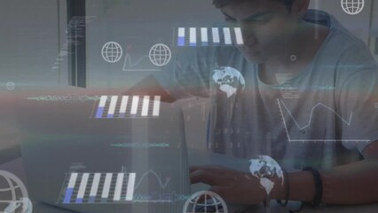 Poster - Animation of data processing over caucasian boy using laptop