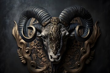 a picture of aries portrait, zodiac sign, gold and black, decorated with gothic lace and precious stones, fantasy generated in artificial intelligence