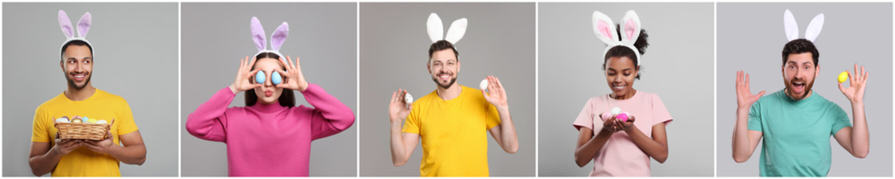 Wall Mural - Photos of people with Easter eggs and bunny ears headbands on light grey background. Collage design