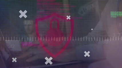 Poster - Animation of security padlock, data processing, globe, computer servers, caucasian woman with laptop
