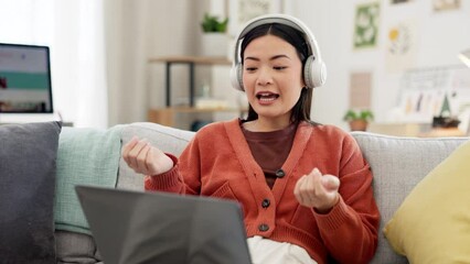 Poster - Video meeting, Asian woman and remote work on a computer talking in a online conference. Elearning, digital communication and female student on a university webinar for learning and school discussion