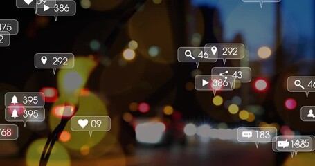 Poster - Animation of notification labels over blurred vehicles moving on street in city