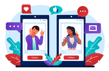 Poster - bloggers post concept. photos of man and woman on smartphone screen. interesting content for social 