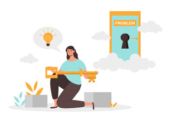 Wall Mural - Problem solving concept. Woman with big golden key stands near keyhole. Creative character with idea and insight, brainstorming. Young woman with light bulb. Cartoon flat vector illustration