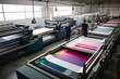 A textile printing factory with workers operating digital textile printers to produce printed fabrics and textiles, generative ai