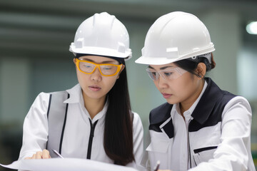 Asian female engineer discussing petrochemical plant blueprint with a colleague in an office, both wearing hard hats and safety vests, generative ai