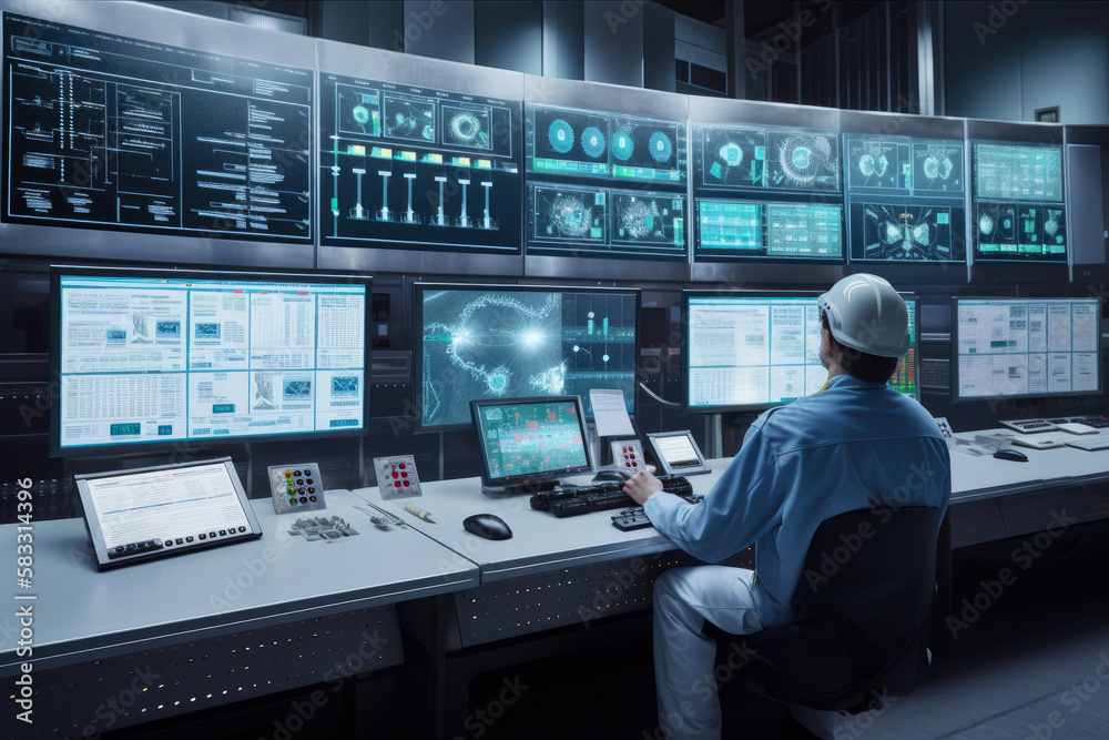 Busy scene inside a chemical industry plant control room, with workers ...