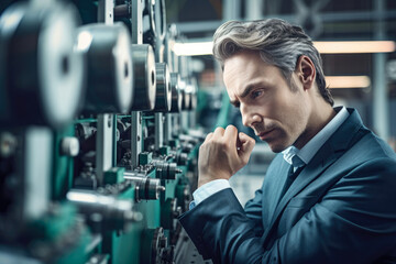 Wall Mural - Contemplative businessman in a factory, surrounded by automated machinery producing precision parts, as he considers new ideas for improvement, generative ai