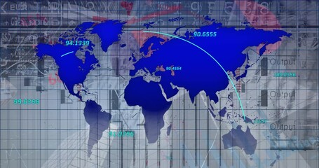 Poster - Animation of map with numbers over trading board, graphs against abstract background