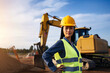 Female construction worker wearing a helmet and safety gear, operating a heavy-duty excavator on a building site, generative ai