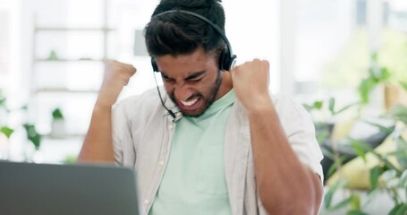 Poster - Success, win and call center worker with a laptop to celebrate a target, goal or bonus in remote work. Winning, excited and customer service agent cheering for good news, email and telemarketing