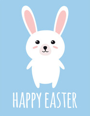 Poster - Vector flat hand drawn bunny rabbit with happy Easter lettering isolated on blue background