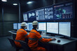 © aicandy - Three heavy industry engineers in safety gear, holding a meeting in a pipe manufacturing factory control room, surrounded by screens displaying data, generative ai