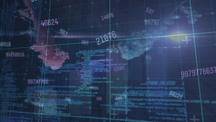 Poster - Animation of numbers, graphs over computer language against multicolored smoke on black background