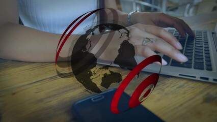 Poster - Animation of globe over caucasian woman using laptop