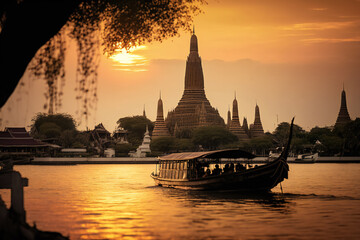 Wat Arun at sunset with long tail boat, in Bangkok, Thailand. Generative AI