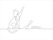 Cat and text Love in one line drawing style. Abstract and minimalist picture of writing love with cat icon. Contunuous line drawing of cat. Pet love icon. Vector illustration