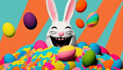 Wall Mural - Easter bunny and easter eggs, rabbit smiling, colorful eggs stacked, happy joyful celebrating holiday, vibrant colors, generative ai 