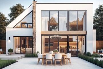 Wall Mural - Luxurious modern house exterior with outdoor dining space. Generative AI