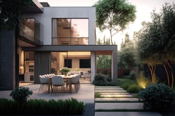 Wall Mural - Luxurious modern house exterior with outdoor dining space. Generative AI