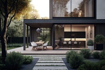 Wall Mural - Luxurious modern house exterior with outdoor dining space. Generative AI