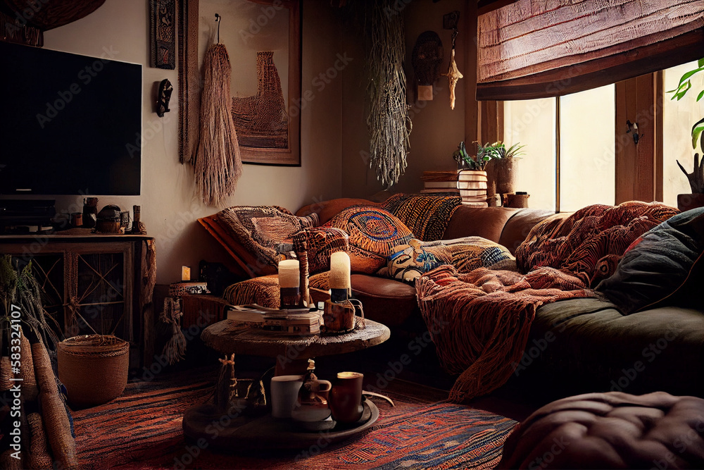 Interior design of a bohemian style living room with eclectic elements ...