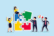 © B Design - Employee engagement improve involvement or encourage employee success together, increase value and workplace motivation concept, happy business people, employees help complete jigsaw with lleader's