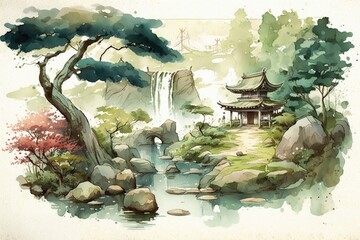 japanese landscape in watercolor with a fairy garden, ink landscape painting created digitally Generative AI