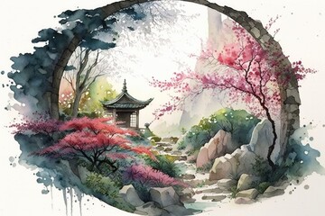 japanese landscape in watercolor with a fairy garden, ink landscape painting created digitally Generative AI