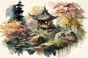 japanese landscape in watercolor with a fairy garden, ink landscape painting created digitally Generative AI