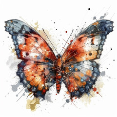 Watercolor butterfly clipart on white background, wet brush painting. Generative AI