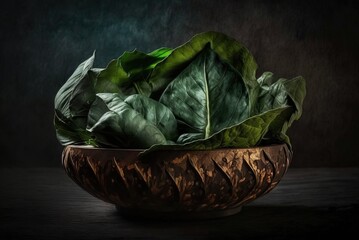 Wall Mural - Leafy greens from the spinach plant, served in a coconut bowl and placed on a dim table. Generative AI