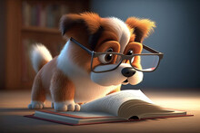 A Cute Cartoon Dog Is Reading Book, Generative AI