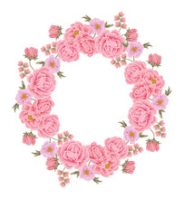 Beautiful Romantic Pink Flower Frame Wreath With Roses, Lilac Floral, Peony, Poppy And Leaf Branch Illustration Elements