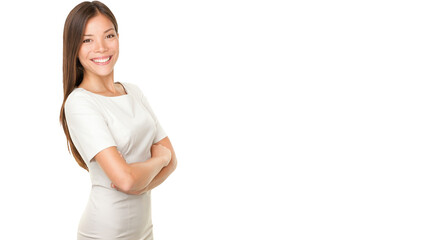 Asian woman portrait smiling happy with arms crossed proud. Young casual female professional businesswoman isolated on white background. Multicultural Asian / Caucasian model.
