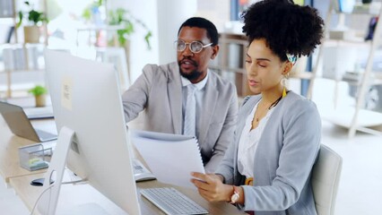 Wall Mural - Business people, computer and documents in teamwork planning, corporate strategy or collaboration at the office. Businessman and woman discussing project plan, paperwork or company analysis on PC