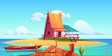 Cartoon Scene With Small House On Island In Ocean Harbor. Vector Illustration Of Shabby Fisherman Hut On Stilts And Sandy Piece Of Land Surrounded By Sea Water Under Sunny Blue Sky. Tropical Landscape