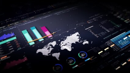 Fototapete - Business stock market, trading, info graphic with animated graphs, charts and data numbers insight analysis to be shown on monitor display screen for business meeting mock up theme