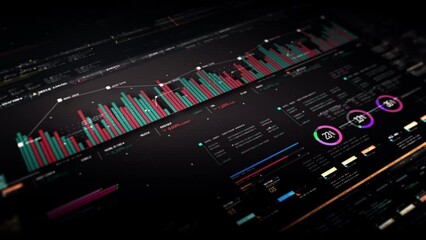 Fototapete - Business stock market, trading, info graphic with animated graphs, charts and data numbers insight analysis to be shown on monitor display screen for business meeting mock up theme