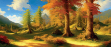 Autumn Forest Landscape. Colorful Vector Illustration Autumn Season. Red Yellow Trees. Beautiful Leaves, Pines. Minimum Elegant Flat Landscape. Artistic Natural Landscapes. Vintage Pastel Colors. 