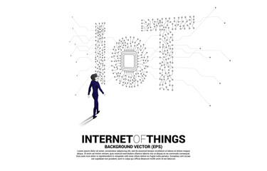Poster - Silhouette of businessman walking with CPU processor on center of IoT wording from Circuit dot and line graphic style. Concept for internet of Things Technology.
