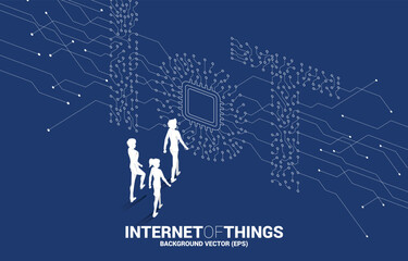Poster - Silhouette of businessman and businesswoman walking with CPU processor on center of IoT wording from Circuit dot and line graphic style. Concept for internet of Things Technology.